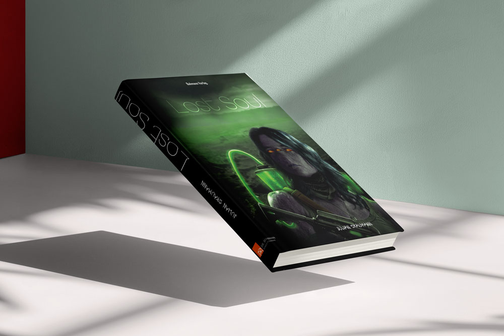 Schwebendes Buch-Mockup mit Composing-Porträt-Cover: eine lila Alien-Dame mit drei roten Augen und einer Waffe, die einen Säuretank-Rucksack trägt.