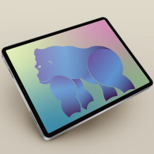 Tablet-Mockup , auf dem eine Gorilla-Illustration zu sehen ist, mit abgerundeten Ecken. Die Textur besteht aus blau-grauen Farbverläufen.