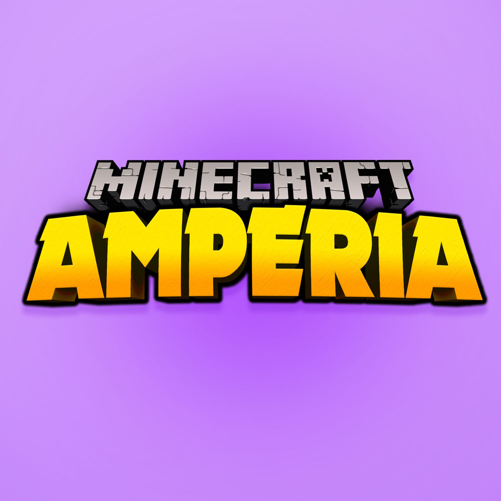 3D-Logo im Minecraft-Stil mit dem gelben Schriftzug „Amperia“ im Vordergrund; im Hintergrund das klassische Minecraft-Wortlogo.