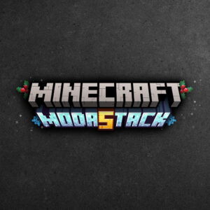 Minecraft-inspiriertes 3D-Logo mit dem offiziellen Minecraft-Branding oben und einem darunter platzierten Schriftzug „Moda5tack“ in kantigem Blockstil.
