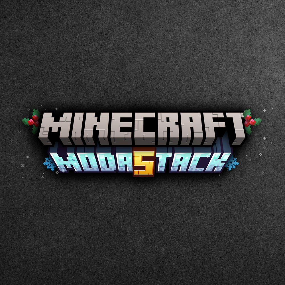 Minecraft-inspiriertes 3D-Logo mit dem offiziellen Minecraft-Branding oben und einem darunter platzierten Schriftzug „Moda5tack“ in kantigem Blockstil.