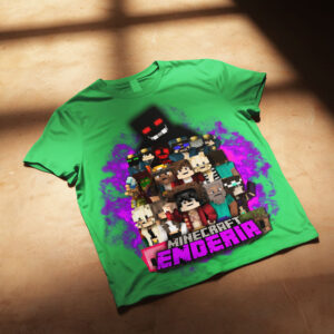 Mockup eines grünen T-Shirts mit einer 3D-Collage von Minecraft-Charakteren und dem Logo „Minecraft Enderia“.
