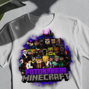 Mockup eines grünen T-Shirts mit einer 3D-Collage von Minecraft-Charakteren und dem Logo „Minecraft Futurerain“.