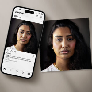 Junge Dame mit schwarzen Haaren, deren Bild durch Fotoretusche verbessert wurde; dargestellt in einem Instagram-Post und daneben in vergrößerter Ansicht.