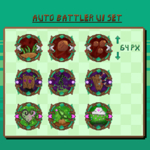 EIn Pixalart Ui Icon Set. Holz-Thematisch mit angriffs, Zauber und HEaling Fähigkeiten. Jedes Icon ist in einem Rahmen.