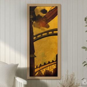 Ein Bildrahmen mit einer gelb-kupferfarbenen Illustration über dem Bett. Die Illustration im Hochformat zeigt eine Rakete, die versucht abzuheben, umgeben von hohen Gebäuden.