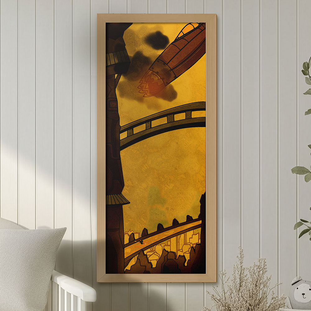 Ein Bildrahmen mit einer gelb-kupferfarbenen Illustration über dem Bett. Die Illustration im Hochformat zeigt eine Rakete, die versucht abzuheben, umgeben von hohen Gebäuden.