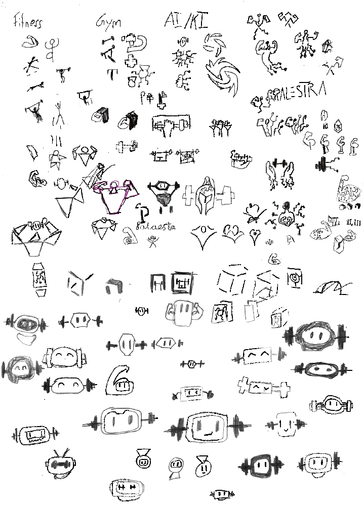 Verschiedene Scribbles zur Entwicklung des Bildzeichens, darunter Roboter-Maskottchen, Hanteln und weitere Fitness-Icons.
