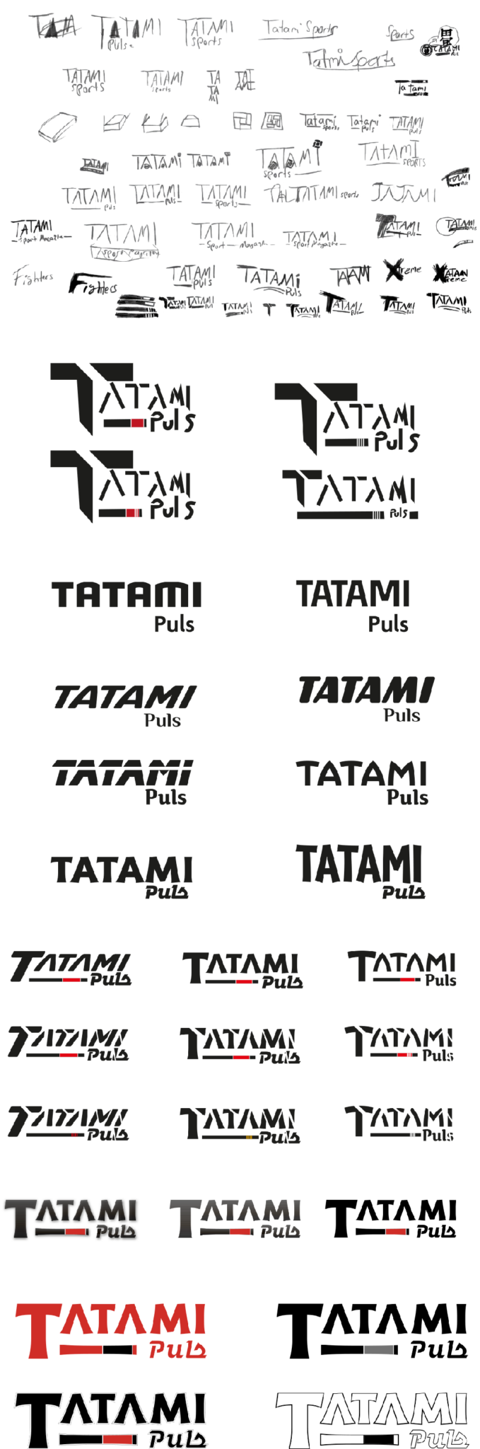 Ein vertikal gesamelter Prozess von der Logo entwicklung. Oben sind die Zeichnungen, danahc die Digitale Form so wie Test von erschiedenn Typografien. Darunter sind erste Digitale Skizzen bis hin zum Finalen Logo.