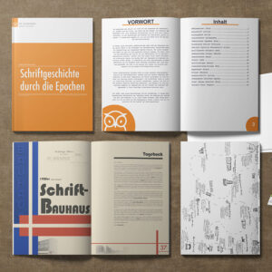 Mockup eines Buchaufklapps mit Titelei, Inhaltsverzeichnis und Vorwort auf den sichtbaren Seiten, sowei eienr Hauptseite zur Schirart-Bauhaus.