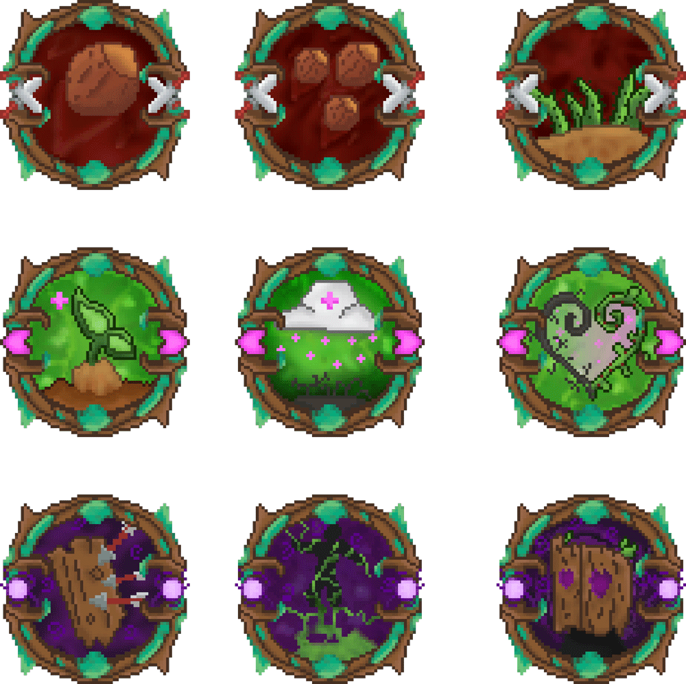 Finale neuen Game-Icons. Im Oberen Beriech hat man alle für Angriff in der mittei Heilung und unten Zauber.