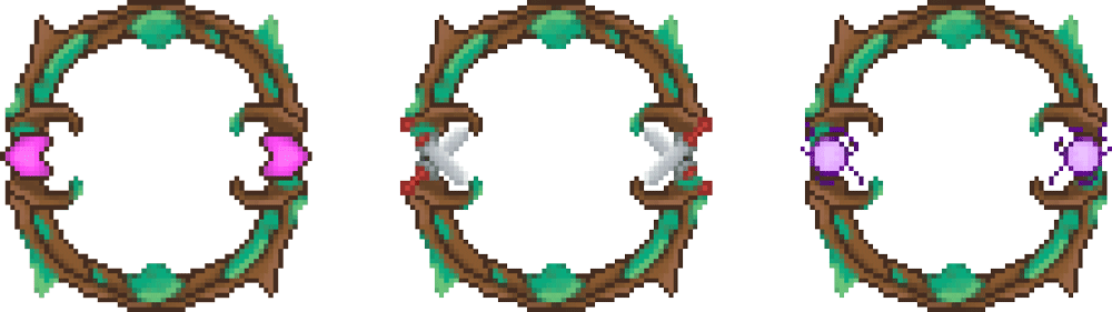 Die drei Rahmen für jede Aktionsgruppe. Dieser ist braun und Rund mit grüßnen Blättern und an den Seiten ist jeweiles ein Schwert, Harz oder lila Zauber.