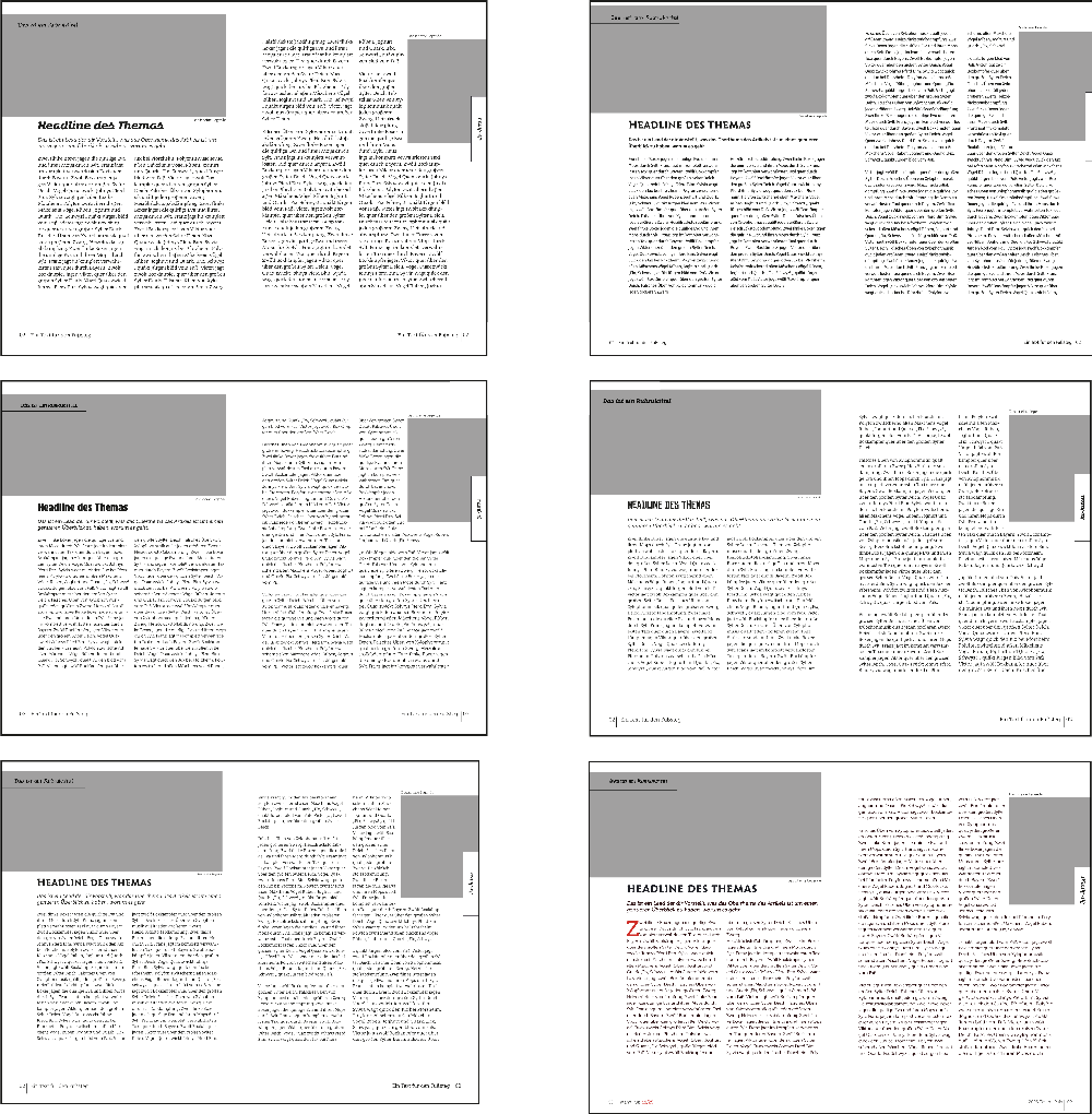 Sechs verschiedene Dopelseiten Skizzen. Auf jeder eine andere Typografie abgebildet ist.