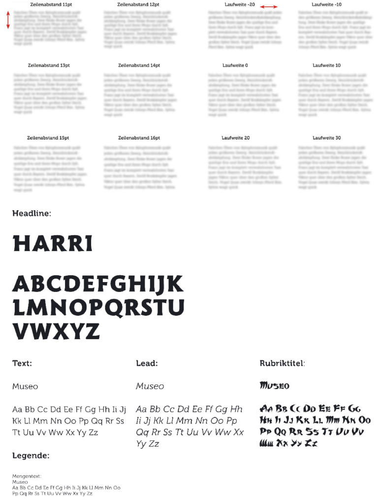 Oben sind meheer verschwomende Blindtexte um den Grauwert für Zeilenabstand udn Laufweiten anpassung zu bestimmen. Darunter hat man die einzelnen Text-Elemnte als Beispiel der Headline, Mengetext, Lead, Rubriktitel und Legende.