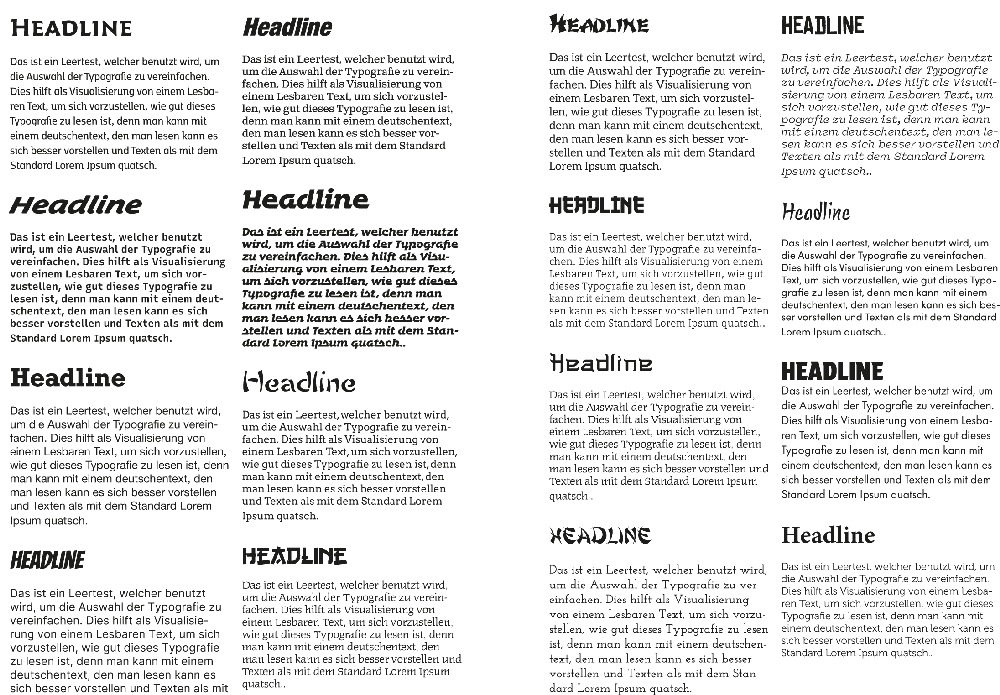 Verschiedene Blindtexte mit jeweiligen Headlines. Jedes hat beim Mengentext und HEadline eine andere Typografie.
