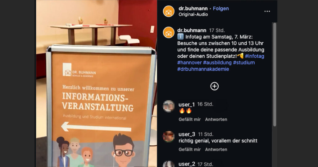Ein Screenshot eines Instagram Postes, eines Dr. Buhmann Infotag Reel.