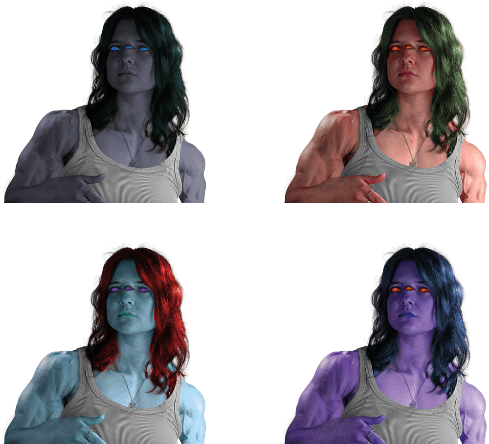 Die zusammen Editierte Dame in vier Farbvarianten. In lila, orang mit grünen Haaren, hellblau mit roten Haaren und grau.