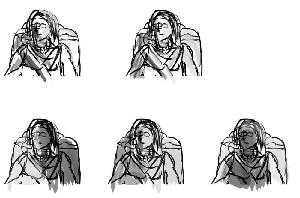 Fünf Skizzen von Verdania. Jedes hat einen anderen Schattenwurf, so wie Belichtung.