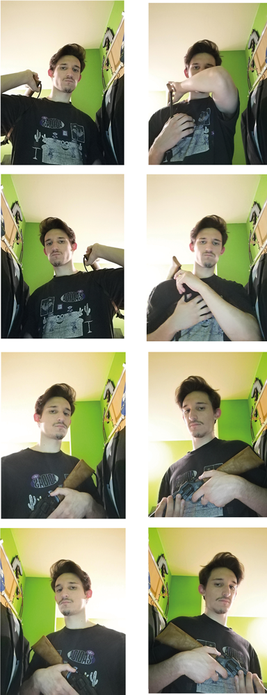 Vier Bilder von Julian, mit jeweils einer anderen Pose. Horizontal daneben in der vertikalen Liste ist das gespiegelte Gegenstück