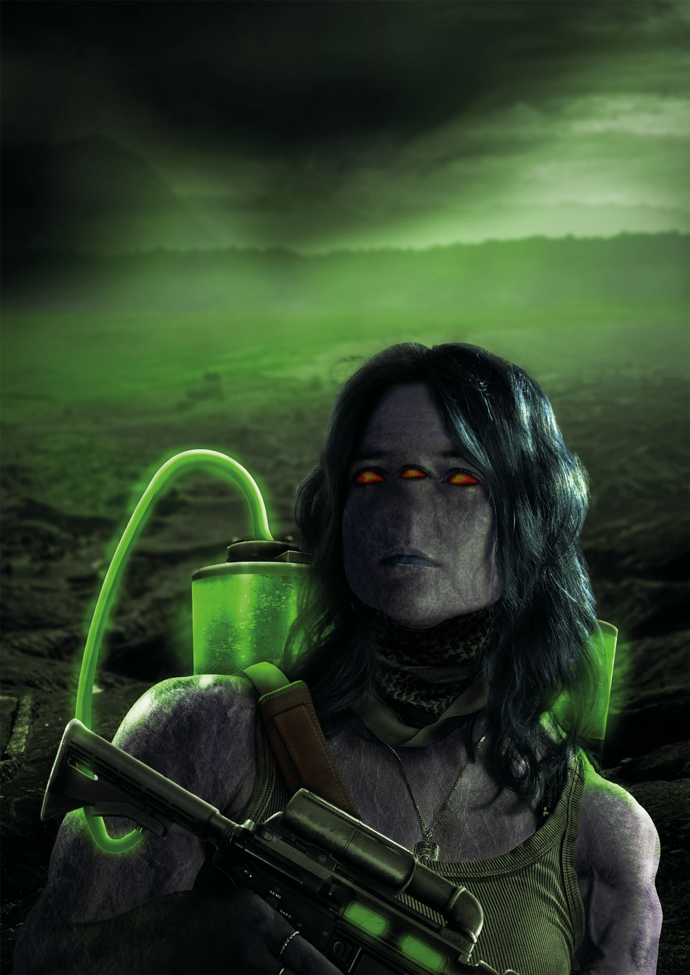 Di finale Fotomanipulation einer lila Farbenden Alien-Dame, mit drei roten Augen. Sie hat blaue haare und trägt ein Hals Tuch. Dabei hält sie eine Waffe die mit einem Schlau zum Säurerucksack verbunden ist. Der Hintergrund ist grün Toxisch mit vielen Steinhügeln.