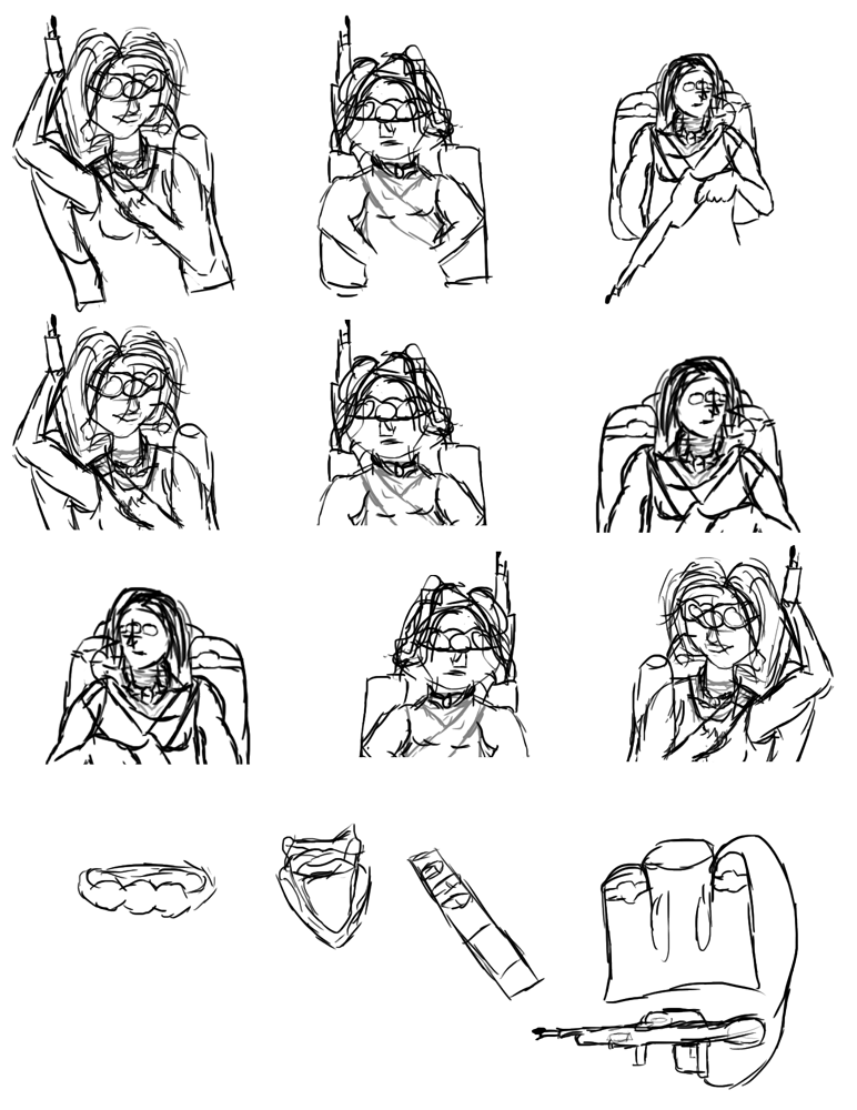 Neuen verschiedene Skizzen von Verdania, mit unterschiedlichen Posen und seperate Skizzen zu ihren Waffen.