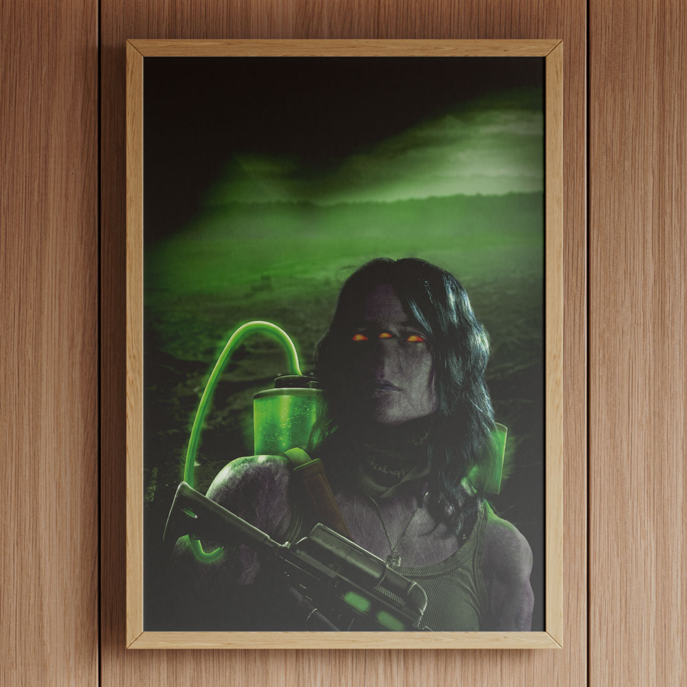 Ein Poster-Mockup vom der fertigen Fotomanipulation, an einer Holzwand.