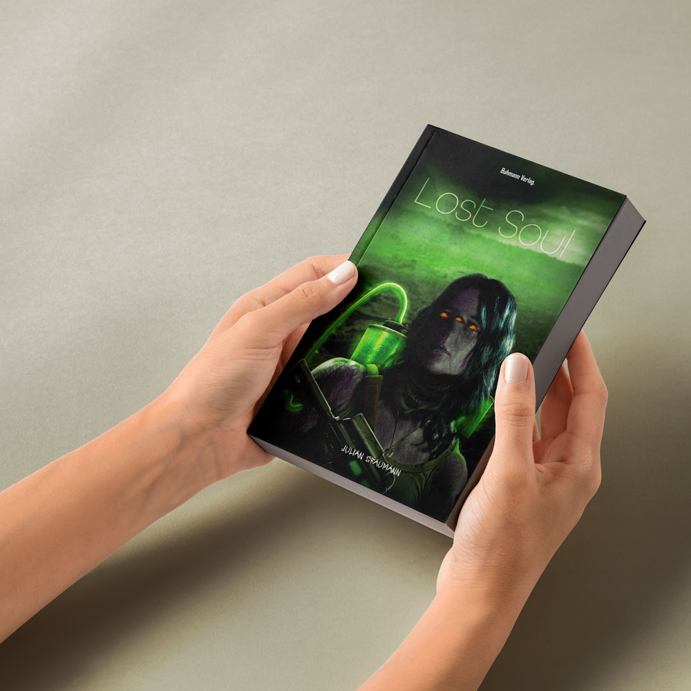 Ein Mockup, welches das Buch in zwei Händen hält, somit man das Cover erkennt.