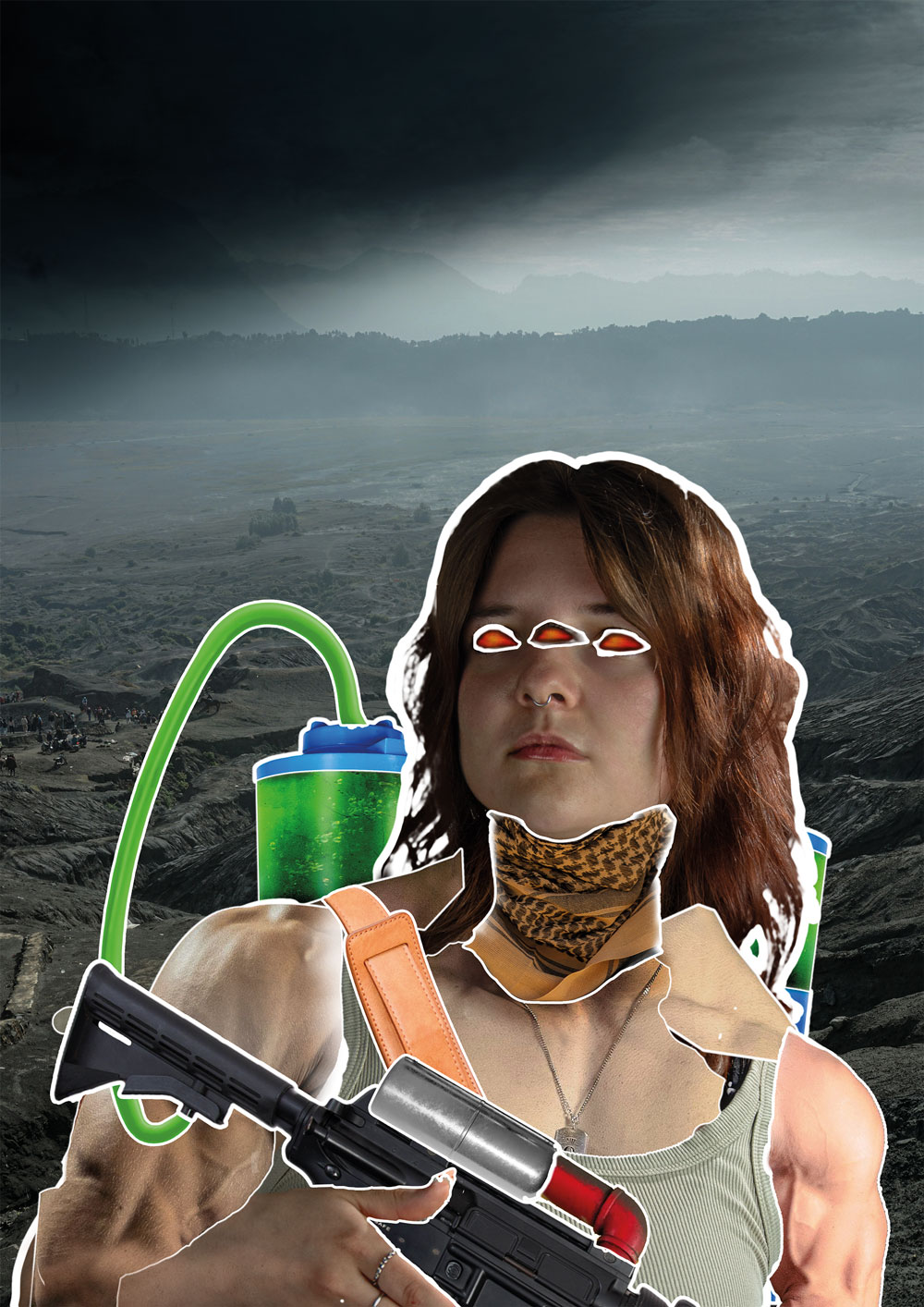 Eine zusammenstellung von verschiedenen Elemnten. Die junge Dame mit Muskeln, einer Waffe und Säuerebehälter als Rucksack.